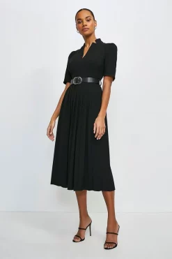 Top 10 🤩 Karen Millen Structured Crepe Forever Pleat Belted Midi 👗 Dress ✨ -Occasionwear Popular Store akk00744 black xl 2