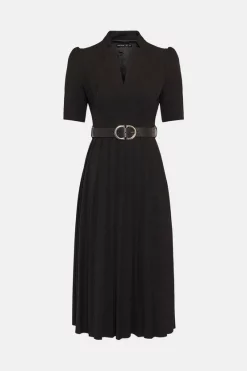 Top 10 🤩 Karen Millen Structured Crepe Forever Pleat Belted Midi 👗 Dress ✨ -Occasionwear Popular Store akk00744 black xl 4