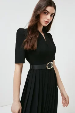 Top 10 🤩 Karen Millen Structured Crepe Forever Pleat Belted Midi 👗 Dress ✨ -Occasionwear Popular Store akk00744 black xl 5