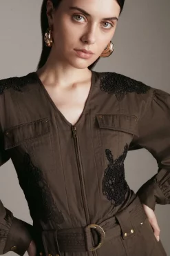 Budget ❤️ Karen Millen Embroidered Balloon Sleeve Woven Utility Jumpsuit - khaki 😉 -Occasionwear Popular Store akk03783 khaki xl 1