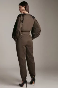 Budget ❤️ Karen Millen Embroidered Balloon Sleeve Woven Utility Jumpsuit - khaki 😉 -Occasionwear Popular Store akk03783 khaki xl 2