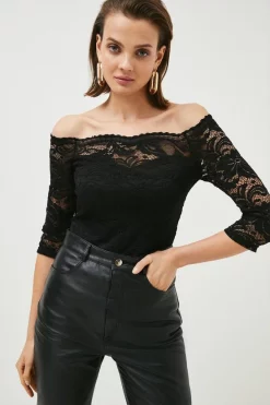 New 🧨 Karen Millen Lace Bardot Half Sleeve Jersey Bodysuit 💯