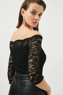 New 🧨 Karen Millen Lace Bardot Half Sleeve Jersey Bodysuit 💯 -Occasionwear Popular Store akk05556 black xl 2