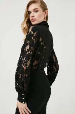 Cheapest 🌟 Karen Millen All Over Lace Button Through Jersey Blouse 😀 -Occasionwear Popular Store akk05718 black xl 2