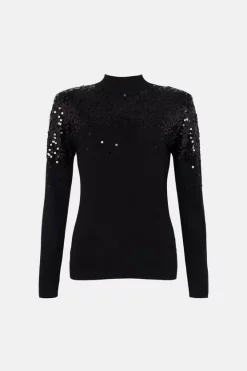 Best reviews of 😍 Karen Millen Sequinned Knit Funnel Neck Jumper 🎁 -Occasionwear Popular Store akk05825 black xl 3
