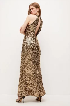 Best reviews of 🔔 Karen Millen Sequinned Halter Maxi 👗 Dress - gold 😀 -Occasionwear Popular Store akk05955 gold xl 2