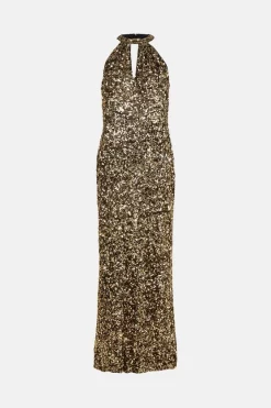Best reviews of 🔔 Karen Millen Sequinned Halter Maxi 👗 Dress - gold 😀 -Occasionwear Popular Store akk05955 gold xl 3