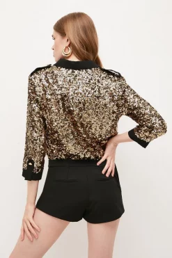 Hot Sale 🛒 Karen Millen Sequinned Zip Detail Woven 👕 Shirt - gold 🎉 -Occasionwear Popular Store akk05956 gold xl 2