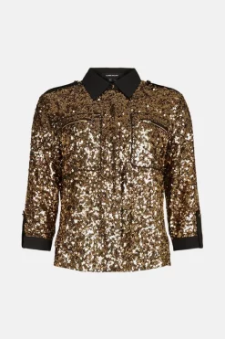 Hot Sale 🛒 Karen Millen Sequinned Zip Detail Woven 👕 Shirt - gold 🎉 -Occasionwear Popular Store akk05956 gold xl 3