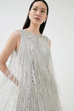 Promo ✔️ Karen Millen Beaded Fringed Low Back Woven Maxi 👗 Dress - silver 🔥 -Occasionwear Popular Store akk06025 silver xl 1