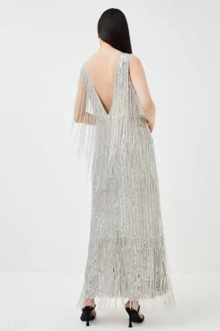 Promo ✔️ Karen Millen Beaded Fringed Low Back Woven Maxi 👗 Dress - silver 🔥 -Occasionwear Popular Store akk06025 silver xl 2