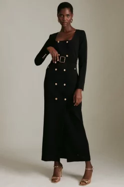 New ✔️ Karen Millen Compact Viscose Tux Sleeved Belted Maxi 👗 Dress ❤️