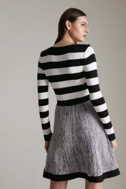 Budget ⌛ Karen Millen Striped Tweed Knit Mix Military Trim 👗 Dress - blackwhite ✨ -Occasionwear Popular Store akk06433 blackwhite xl 2