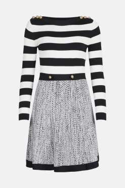 Budget ⌛ Karen Millen Striped Tweed Knit Mix Military Trim 👗 Dress - blackwhite ✨ -Occasionwear Popular Store akk06433 blackwhite xl 4