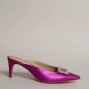 New 😀 Karen Millen Leather Metallic Buckle Kitten Mule - magenta 🔔