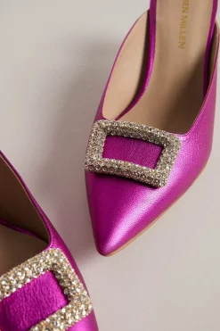 New 😀 Karen Millen Leather Metallic Buckle Kitten Mule - magenta 🔔 -Occasionwear Popular Store akk06745 magenta xl 2