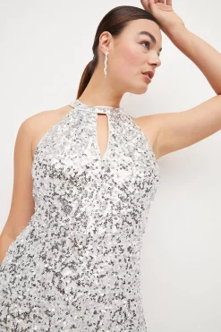 Deals 🧨 Karen Millen Plus Size Sequinned Halter Woven Maxi 👗 Dress - silver 🔔 -Occasionwear Popular Store akk06958 silver xl 1