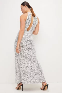 Deals 🧨 Karen Millen Plus Size Sequinned Halter Woven Maxi 👗 Dress - silver 🔔 -Occasionwear Popular Store akk06958 silver xl 2