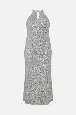 Deals 🧨 Karen Millen Plus Size Sequinned Halter Woven Maxi 👗 Dress - silver 🔔 -Occasionwear Popular Store akk06958 silver xl 3