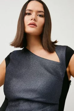 Outlet ✔️ Karen Millen Plus Size Stretch Metallic Jacquard Tuck Midi 👗 Dress 👍 -Occasionwear Popular Store akk07132 blue xl 1