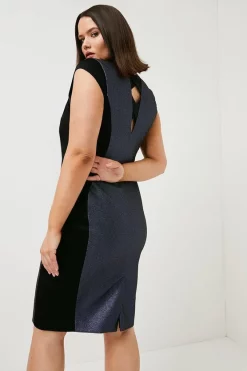 Outlet ✔️ Karen Millen Plus Size Stretch Metallic Jacquard Tuck Midi 👗 Dress 👍 -Occasionwear Popular Store akk07132 blue xl 2