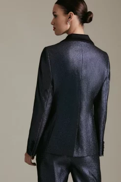 Budget ✨ Karen Millen Petite Stretch Metallic Jacquard Jacket 🔥 -Occasionwear Popular Store akk07145 blue xl 2