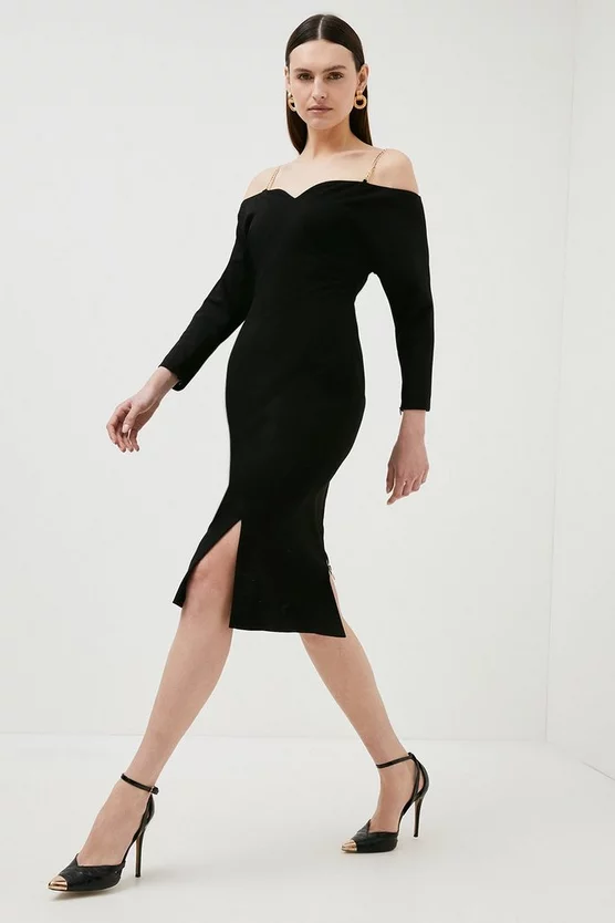 New ✨ Karen Millen Structured Crepe Forever Bardot Sleeved Midi 👗 Dress - black ✔️ 3 New ✨ Karen Millen Structured Crepe Forever Bardot Sleeved Midi 👗 Dress - black ✔️