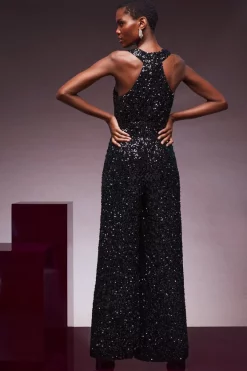 Deals ⭐ Karen Millen Sequinned Wide Leg Woven Jumpsuit - black ⭐ 10 Deals ⭐ Karen Millen Sequinned Wide Leg Woven Jumpsuit - black ⭐ -Occasionwear Popular Store akk07151 black xl 2