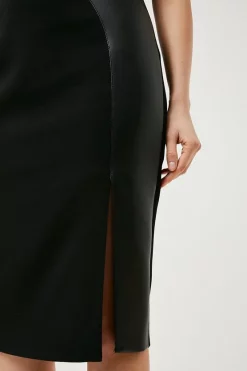 Hot Sale 💯 Karen Millen Structured Crepe And Pu Contrast Pencil Midi 👗 Dress - black 🌟 -Occasionwear Popular Store akk07241 black xl 2