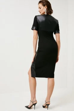 Hot Sale 💯 Karen Millen Structured Crepe And Pu Contrast Pencil Midi 👗 Dress - black 🌟 -Occasionwear Popular Store akk07241 black xl 4