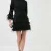 Promo ⌛ Karen Millen Feather Trimmed Sparkle Tweed Sleeved Mini 👗 Dress - black 😍 -Occasionwear Popular Store akk07330 black xl