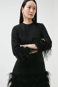 Promo ⌛ Karen Millen Feather Trimmed Sparkle Tweed Sleeved Mini 👗 Dress - black 😍 -Occasionwear Popular Store akk07330 black xl 1