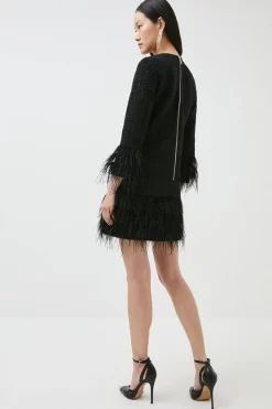 Promo ⌛ Karen Millen Feather Trimmed Sparkle Tweed Sleeved Mini 👗 Dress - black 😍 -Occasionwear Popular Store akk07330 black xl 2
