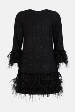 Promo ⌛ Karen Millen Feather Trimmed Sparkle Tweed Sleeved Mini 👗 Dress - black 😍 -Occasionwear Popular Store akk07330 black xl 3