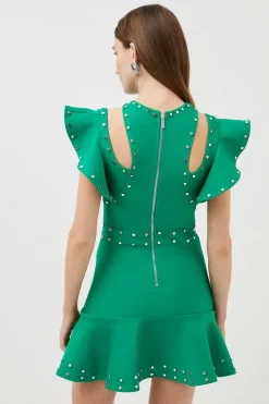 Buy 🎉 Karen Millen Studded Frill Shoulder Bandage Knit 👗 Dress ⭐ -Occasionwear Popular Store akk07479 green xl 2