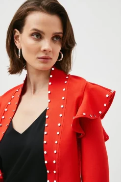 Outlet 👏 Karen Millen Studded Frill Bandage Knit Jacket - red 🥰 -Occasionwear Popular Store akk07496 red xl 1