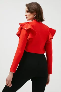 Outlet 👏 Karen Millen Studded Frill Bandage Knit Jacket - red 🥰 -Occasionwear Popular Store akk07496 red xl 2