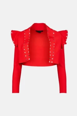 Outlet 👏 Karen Millen Studded Frill Bandage Knit Jacket - red 🥰 -Occasionwear Popular Store akk07496 red xl 3