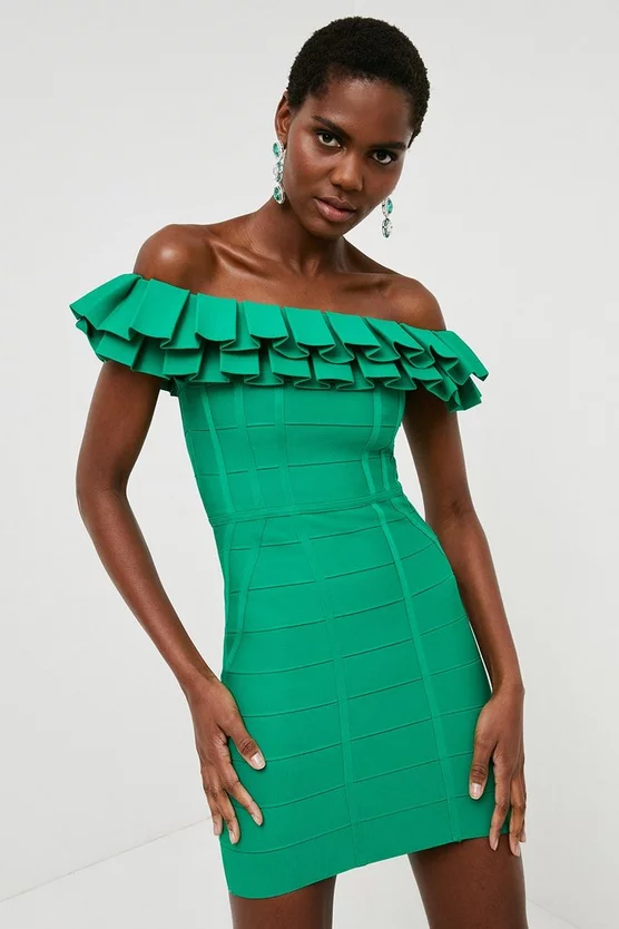 Outlet 🎁 Karen Millen Drama Frill Bardot Bandage Knit 👗 Dress 😉 3 Outlet 🎁 Karen Millen Drama Frill Bardot Bandage Knit 👗 Dress 😉