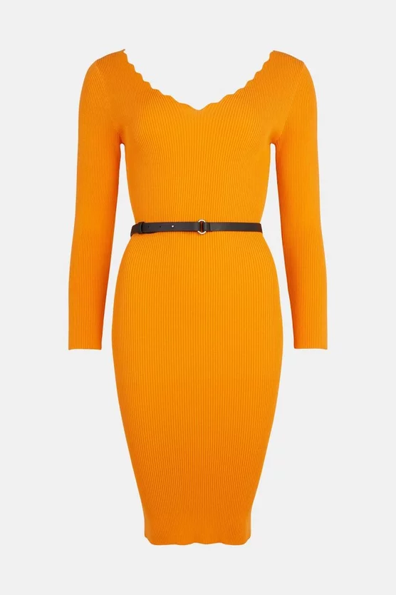 New ❤️ Karen Millen Pettie Rib Knit Scallop Neck Belted 👗 Dress - orange 🎁 6 New ❤️ Karen Millen Pettie Rib Knit Scallop Neck Belted 👗 Dress - orange 🎁 - Image 4