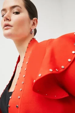 Cheap 😍 Karen Millen Plus size Studded Frill Bandage Knit Jacket - red 🔔 -Occasionwear Popular Store akk07535 red xl 1