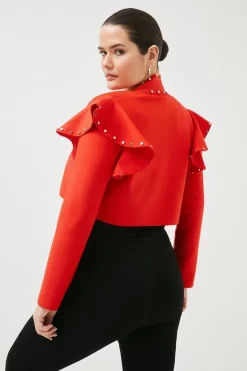 Cheap 😍 Karen Millen Plus size Studded Frill Bandage Knit Jacket - red 🔔 -Occasionwear Popular Store akk07535 red xl 2