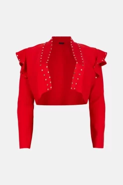 Cheap 😍 Karen Millen Plus size Studded Frill Bandage Knit Jacket - red 🔔 -Occasionwear Popular Store akk07535 red xl 3