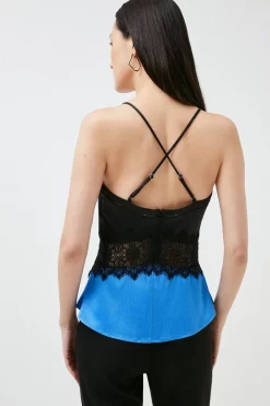 Best reviews of 👏 Karen Millen 🔨 Hammered Satin & Lace Woven Strappy Cami ⭐ -Occasionwear Popular Store bkk00091 cobalt xl 2