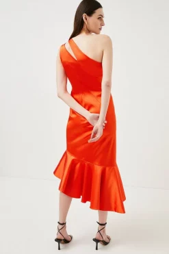 Best deal ⌛ Karen Millen Italian Structured Satin Asymmetric Hem Midaxi 👗 Dress - red orange ❤️ -Occasionwear Popular Store bkk00114 red20orange xl 2
