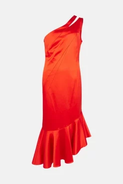 Best deal ⌛ Karen Millen Italian Structured Satin Asymmetric Hem Midaxi 👗 Dress - red orange ❤️ -Occasionwear Popular Store bkk00114 red20orange xl 3
