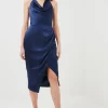 Flash Sale ⭐ Karen Millen Tailored Satin Drape Halter Midi 👗 Dress 👍 -Occasionwear Popular Store bkk00169 blue xl