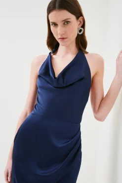 Flash Sale ⭐ Karen Millen Tailored Satin Drape Halter Midi 👗 Dress 👍 -Occasionwear Popular Store bkk00169 blue xl 1