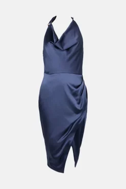 Flash Sale ⭐ Karen Millen Tailored Satin Drape Halter Midi 👗 Dress 👍 -Occasionwear Popular Store bkk00169 blue xl 3