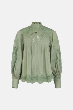 Best Pirce ❤️ Karen Millen Lydia Millen Cutwork Embroidery Woven Blouse - sage 🛒 -Occasionwear Popular Store bkk00176 sage xl 4